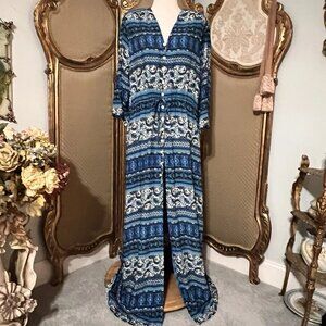 R Vioimos. Sz 2XL. NWT Maxi Dress. Blue. Drawstring. Partial Button. B80